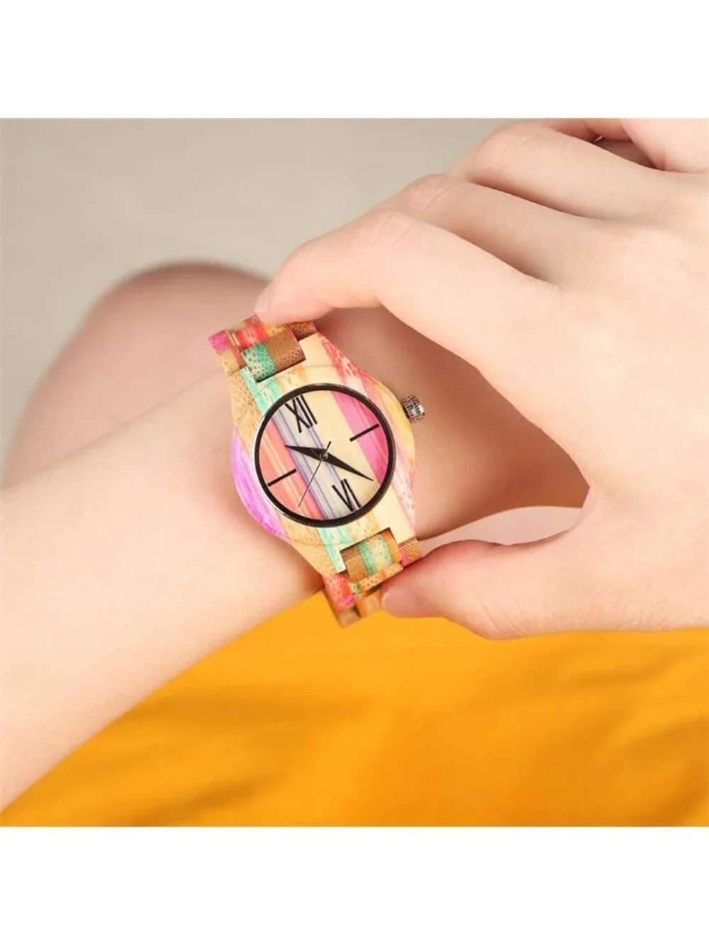 Women's Multi Colorful Analog Quartz Skeletonized Bamboo Classic Wooden Watch